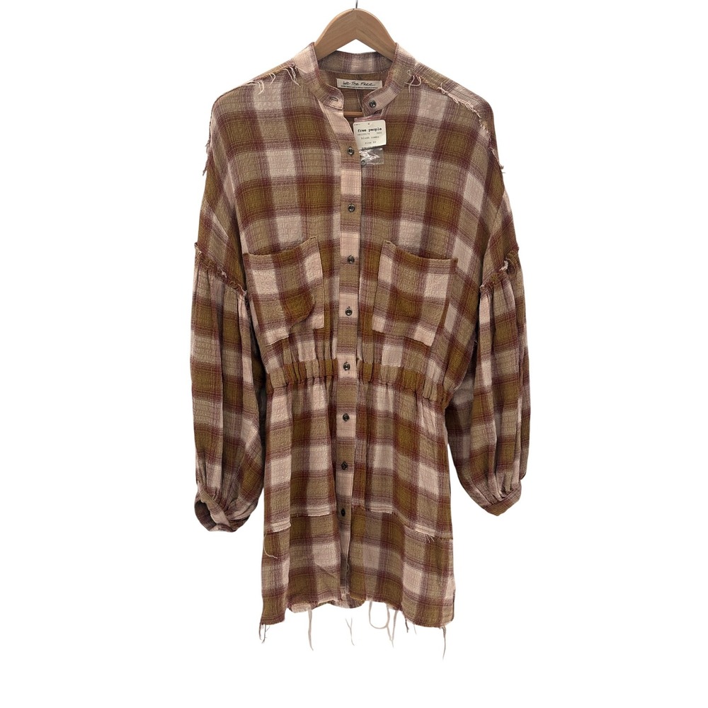 New Free People Mini Dress By The Way Women XS Tan Plaid Boho Long Sleeve Grunge